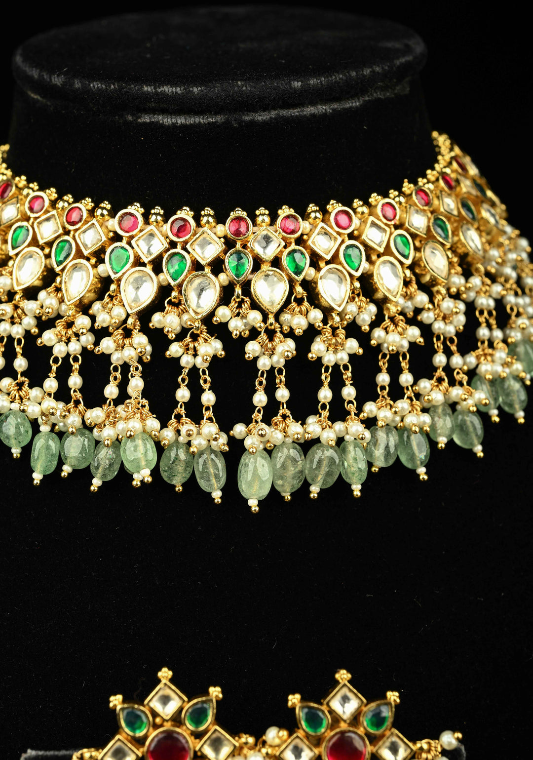Traditional Statement of Ahmedabadi Jadau Kundan Choker Necklace Set with Green Beads