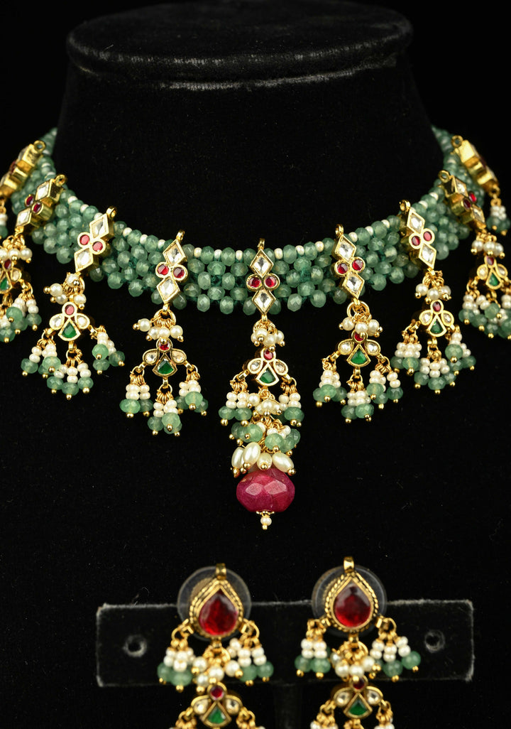 Multistrand Green Beaded Choker Necklace Set with Kundan Accents and Dangling Beads