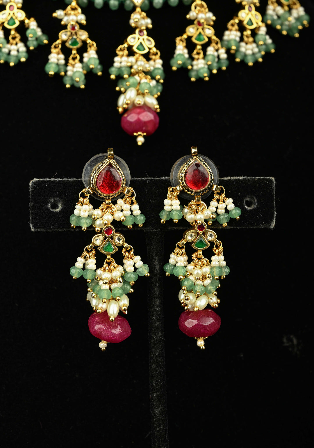 Multistrand Green Beaded Choker Necklace Set with Kundan Accents and Dangling Beads