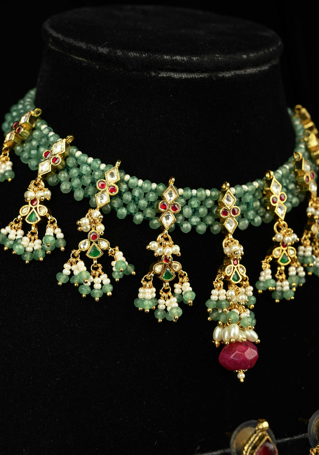 Multistrand Green Beaded Choker Necklace Set with Kundan Accents and Dangling Beads