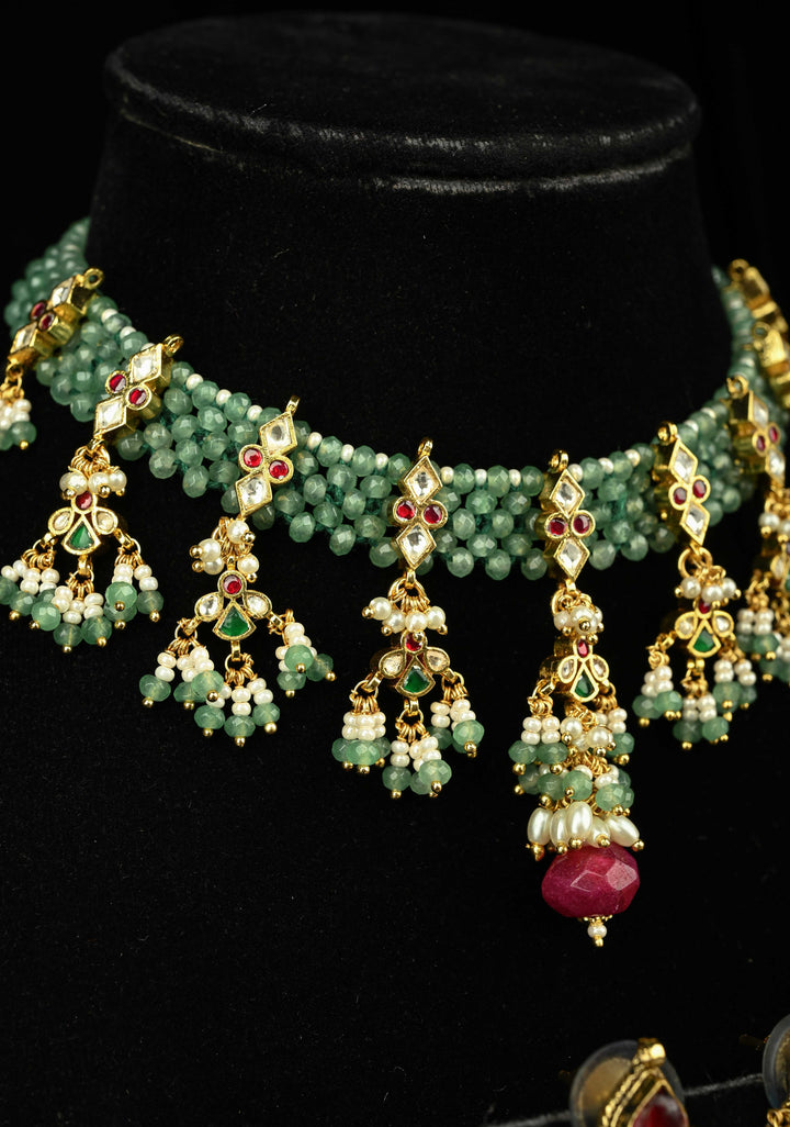 Multistrand Green Beaded Choker Necklace Set with Kundan Accents and Dangling Beads