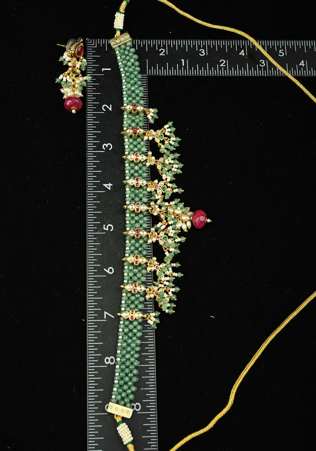 Multistrand Green Beaded Choker Necklace Set with Kundan Accents and Dangling Beads