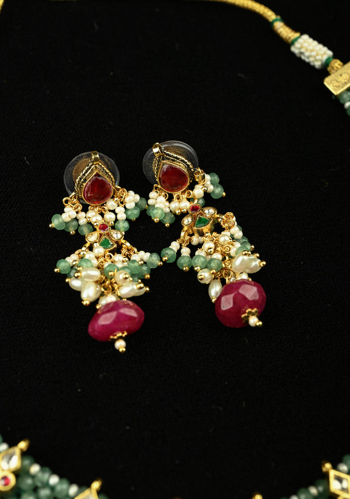 Multistrand Green Beaded Choker Necklace Set with Kundan Accents and Dangling Beads