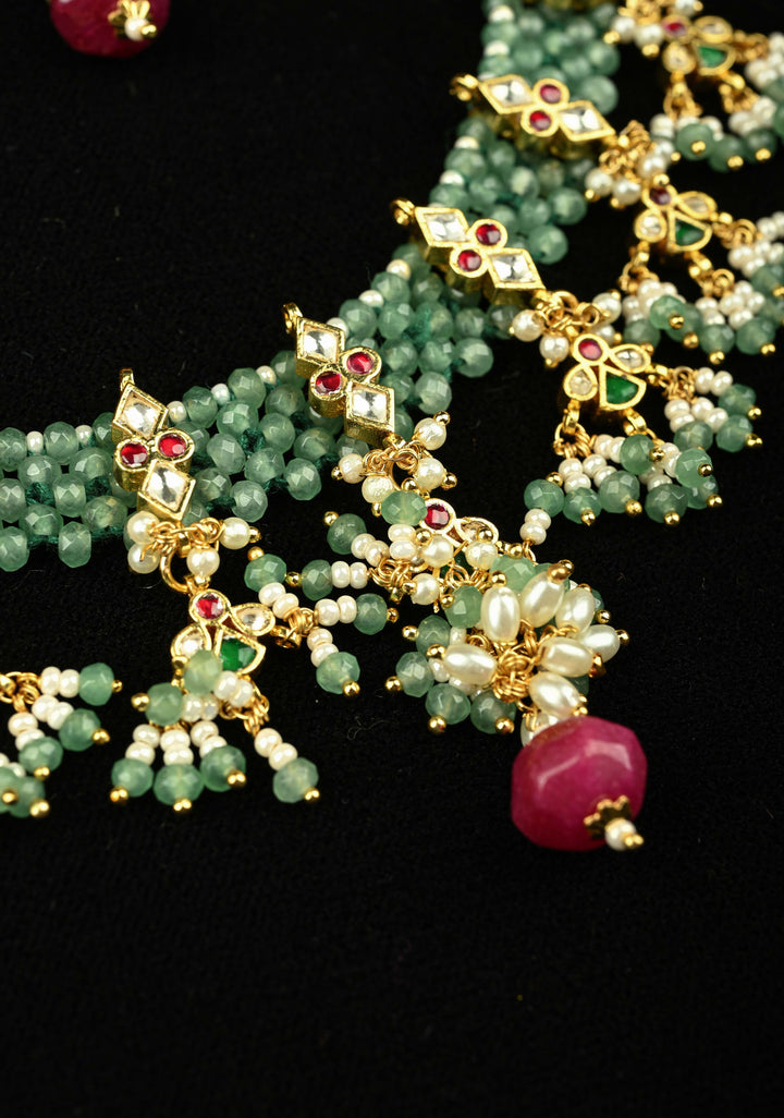 Multistrand Green Beaded Choker Necklace Set with Kundan Accents and Dangling Beads
