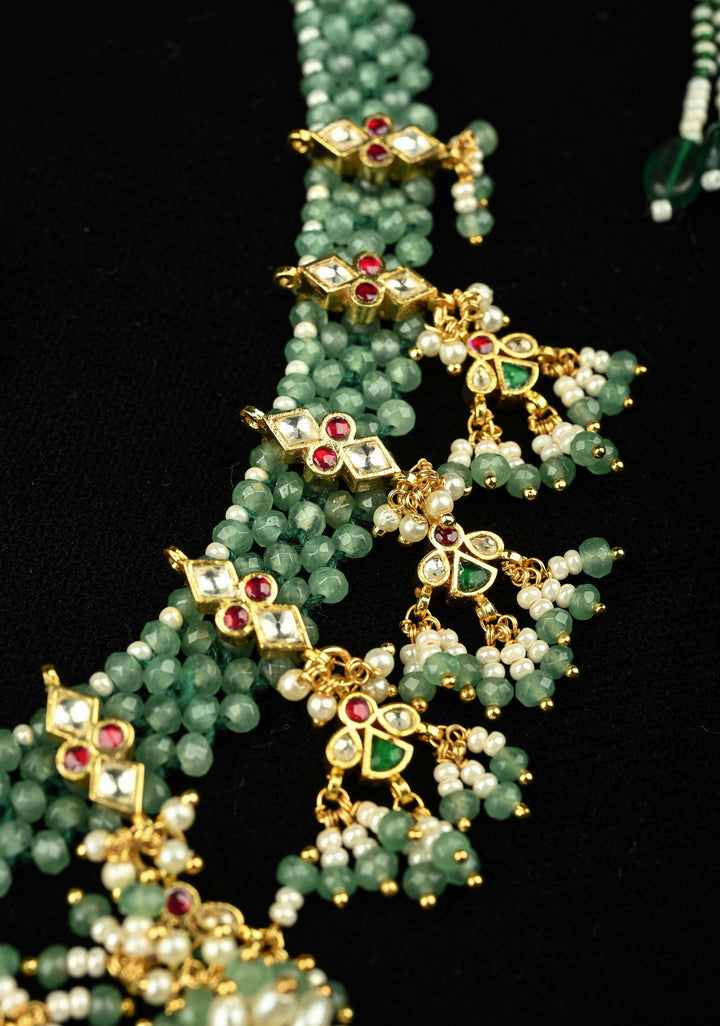 Multistrand Green Beaded Choker Necklace Set with Kundan Accents and Dangling Beads