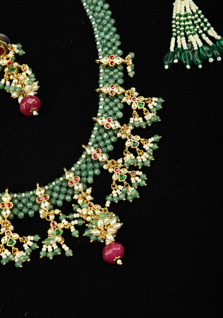 Multistrand Green Beaded Choker Necklace Set with Kundan Accents and Dangling Beads