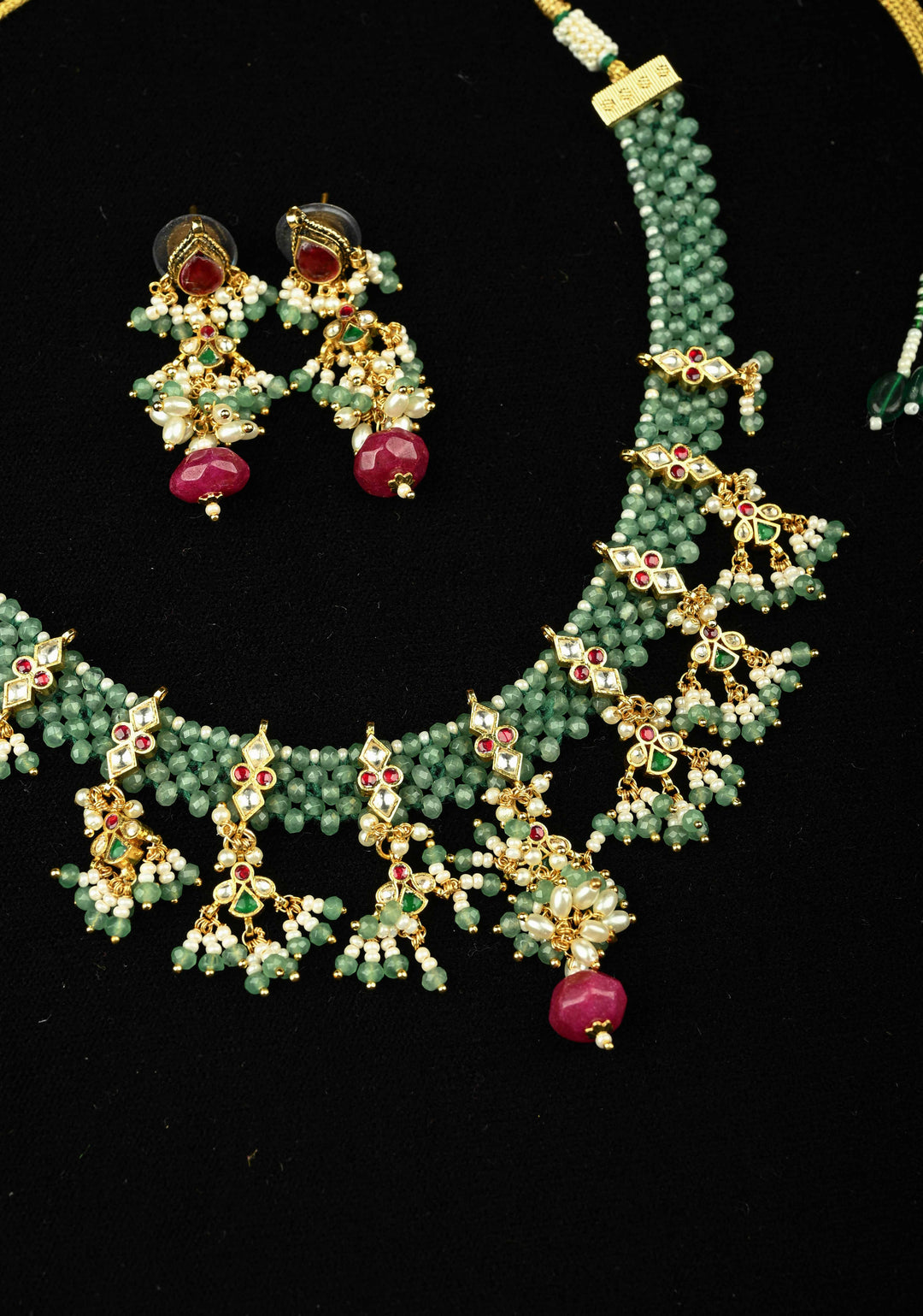 Multistrand Green Beaded Choker Necklace Set with Kundan Accents and Dangling Beads