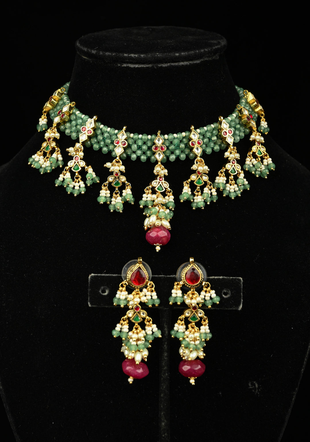 Multistrand Green Beaded Choker Necklace Set with Kundan Accents and Dangling Beads