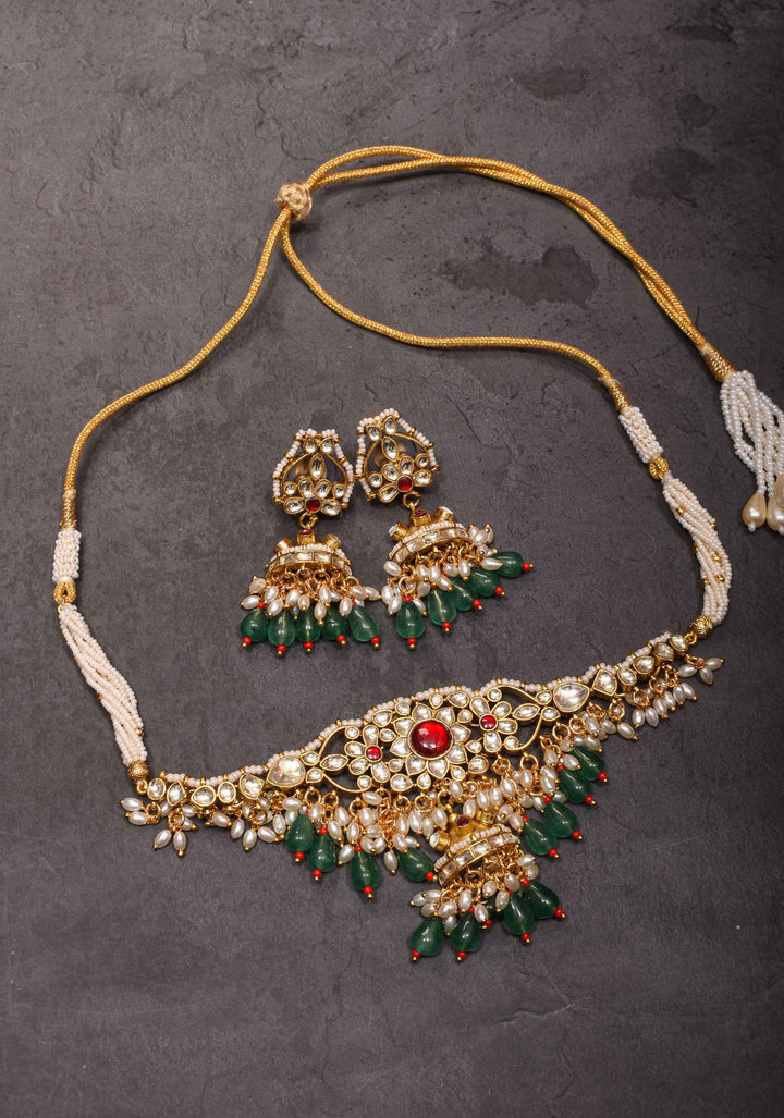 kundan necklace set with dangling pearl  | Shobitam Jewelry