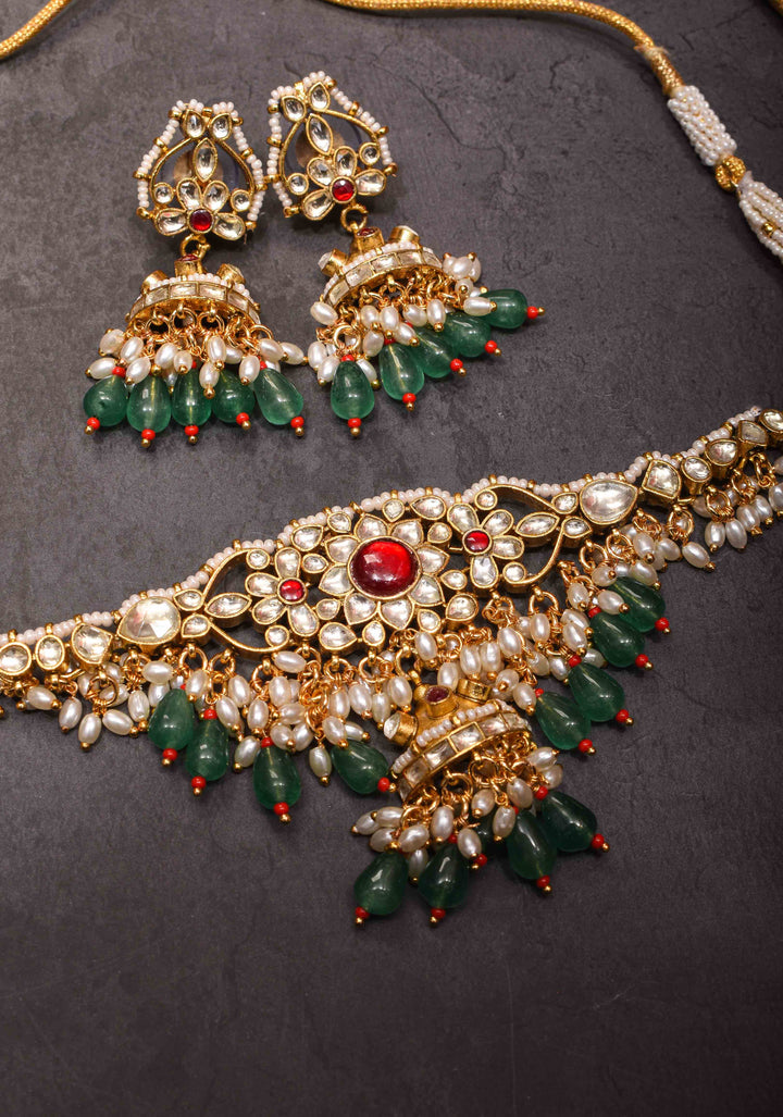 kundan necklace set with dangling pearl  | Shobitam Jewelry