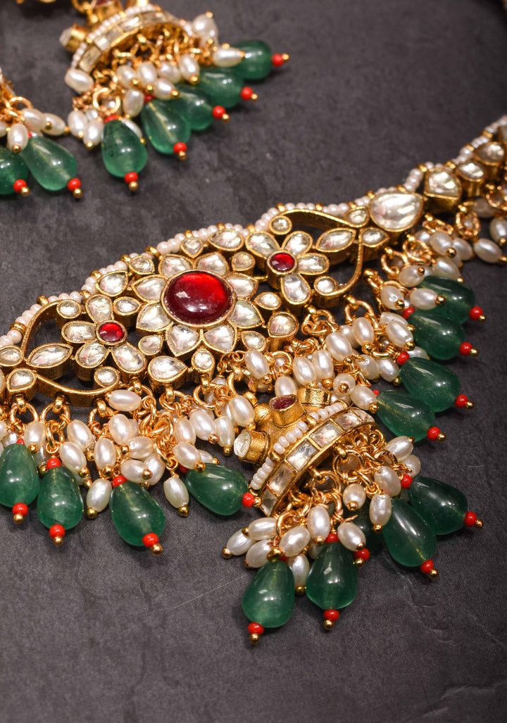 kundan necklace set with dangling pearl  | Shobitam Jewelry