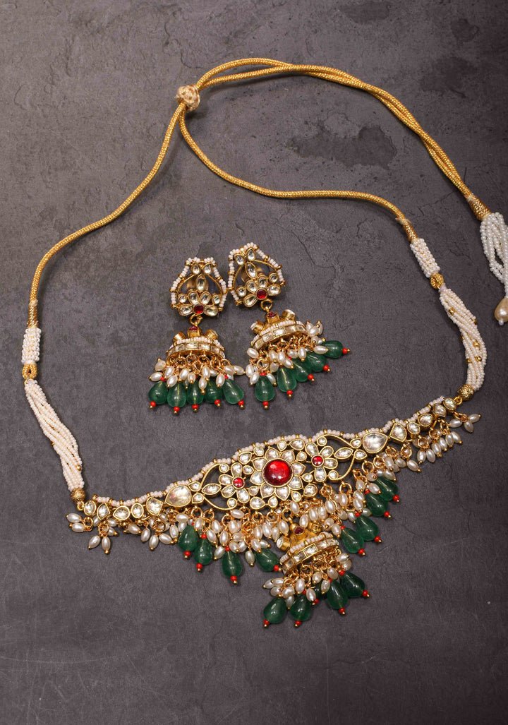 kundan necklace set with dangling pearl  | Shobitam Jewelry