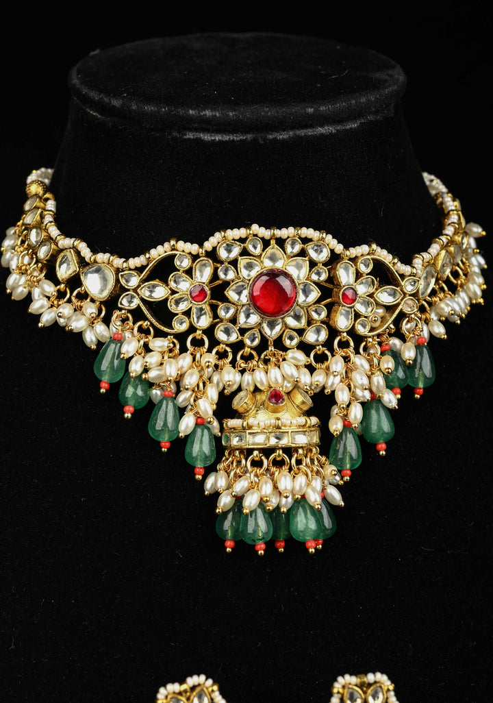 Ahmedabadi kundan multistrand necklace set with Floral Pendant and sage green dangling beads and pearls