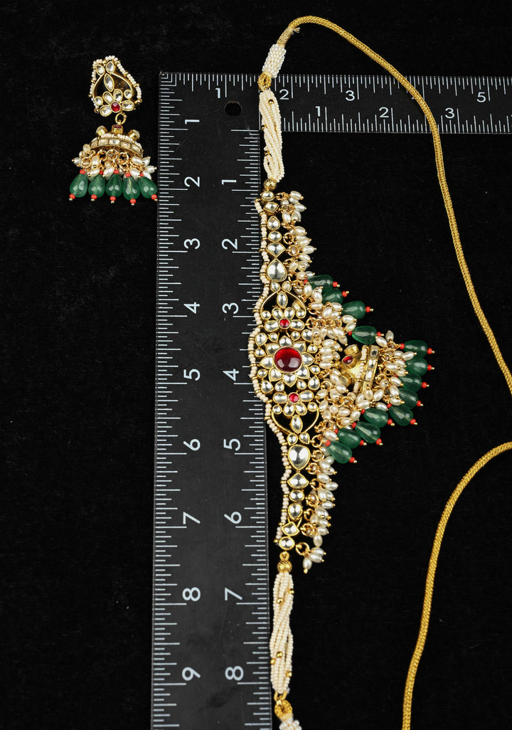 Ahmedabadi kundan multistrand necklace set with Floral Pendant and sage green dangling beads and pearls