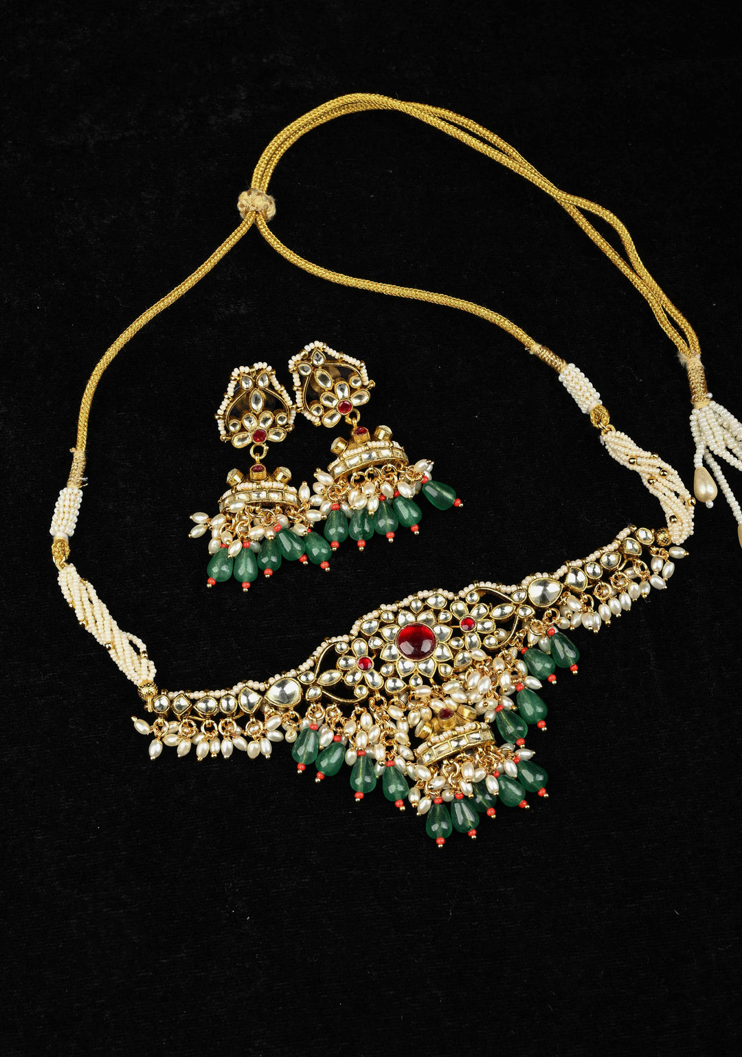 Ahmedabadi kundan multistrand necklace set with Floral Pendant and sage green dangling beads and pearls