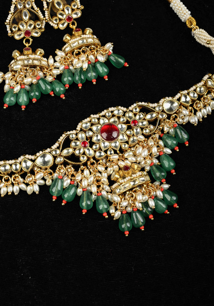 Ahmedabadi kundan multistrand necklace set with Floral Pendant and sage green dangling beads and pearls