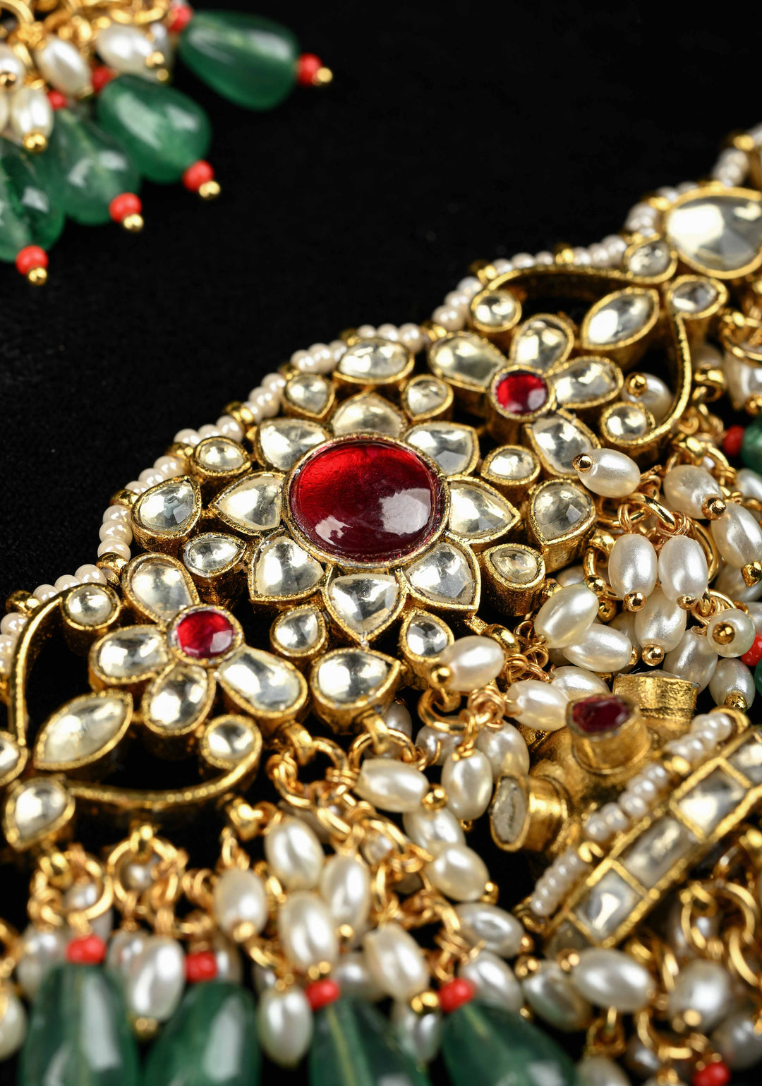 Ahmedabadi kundan multistrand necklace set with Floral Pendant and sage green dangling beads and pearls
