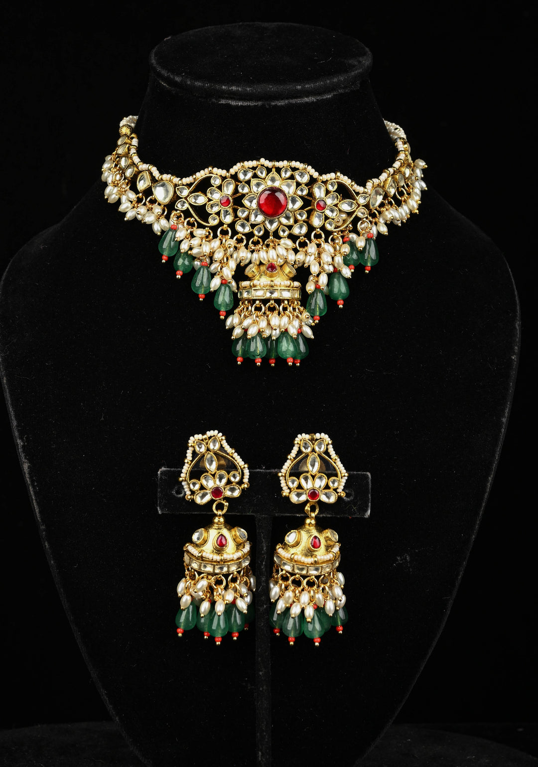 Ahmedabadi kundan multistrand necklace set with Floral Pendant and sage green dangling beads and pearls