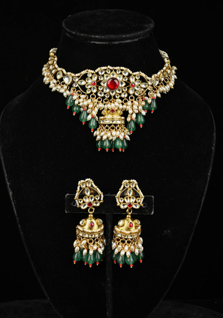 Ahmedabadi kundan multistrand necklace set with Floral Pendant and sage green dangling beads and pearls