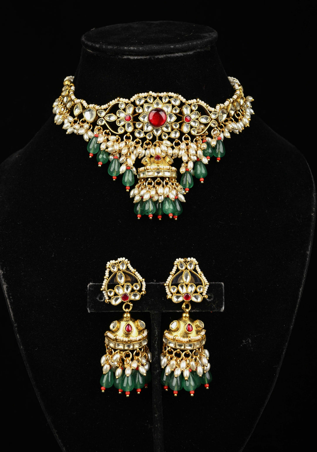 Ahmedabadi kundan multistrand necklace set with Floral Pendant and sage green dangling beads and pearls