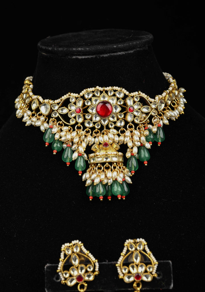 Ahmedabadi kundan multistrand necklace set with Floral Pendant and sage green dangling beads and pearls