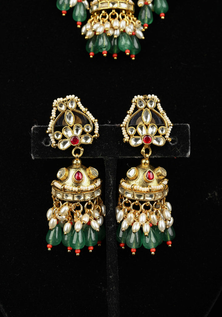 Ahmedabadi kundan multistrand necklace set with Floral Pendant and sage green dangling beads and pearls
