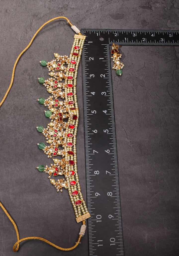 Red stone Necklale Set with dangling Beads | Shobitam Jewelry
