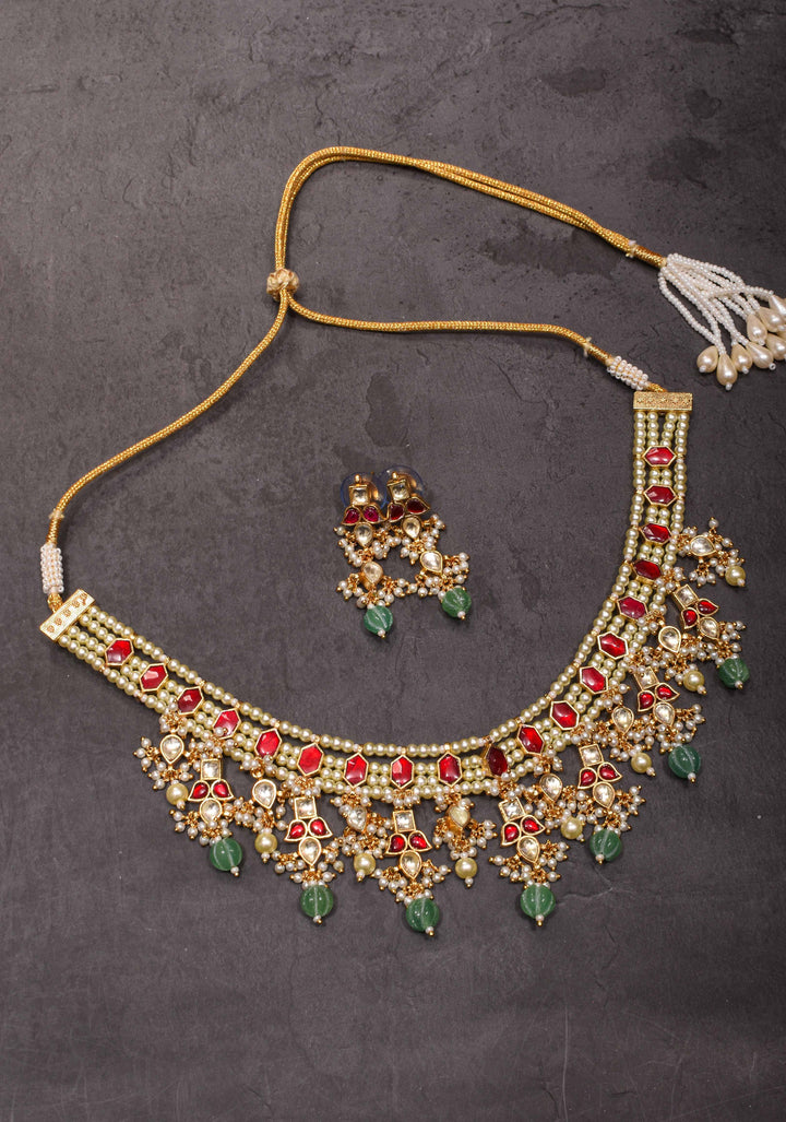 Red stone Necklale Set with dangling Beads | Shobitam Jewelry