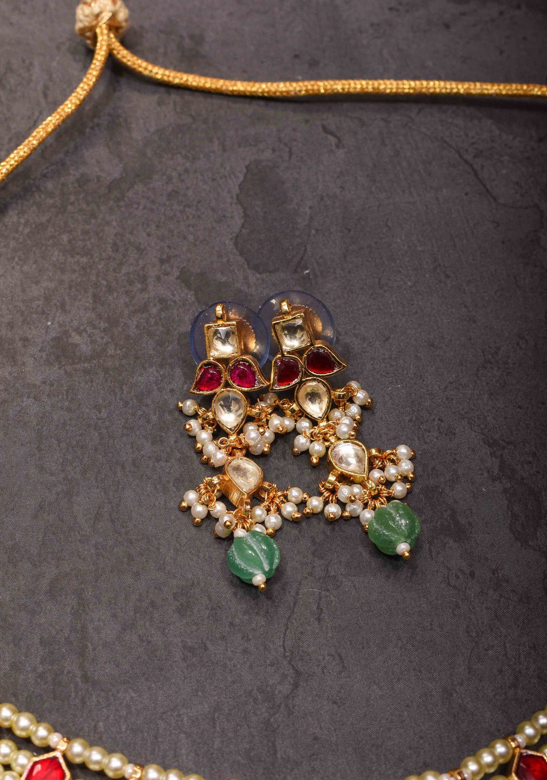 Red stone Necklale Set with dangling Beads | Shobitam Jewelry