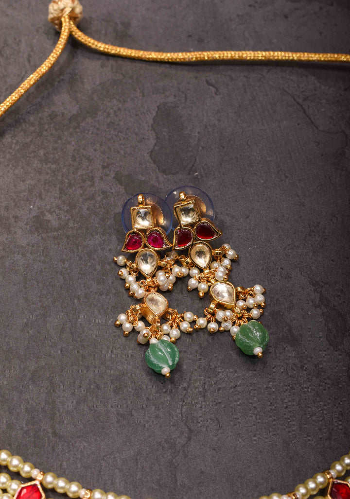 Red stone Necklale Set with dangling Beads | Shobitam Jewelry