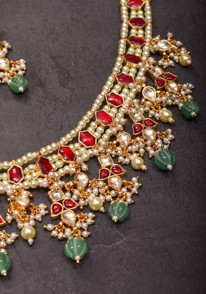 Red stone Necklale Set with dangling Beads | Shobitam Jewelry