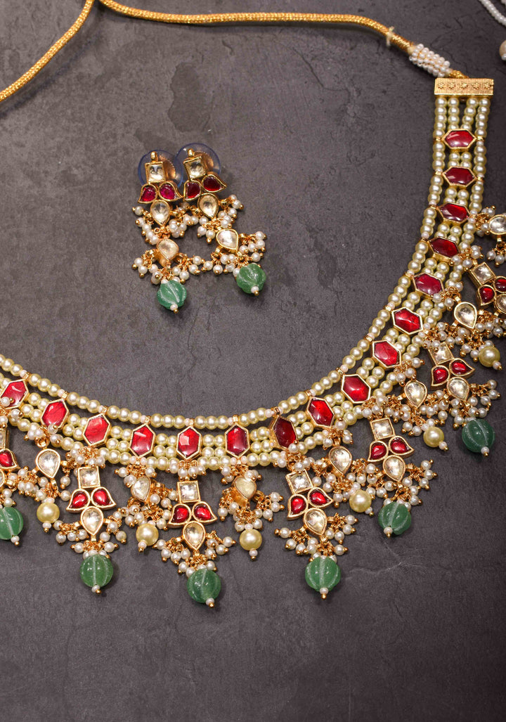 Red stone Necklale Set with dangling Beads | Shobitam Jewelry