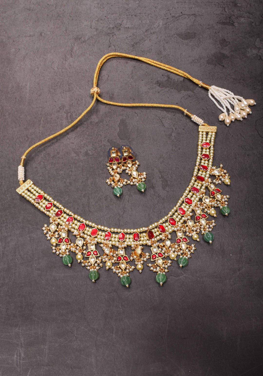 Red stone Necklale Set with dangling Beads | Shobitam Jewelry