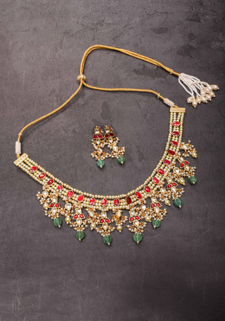 Red stone Necklale Set with dangling Beads | Shobitam Jewelry