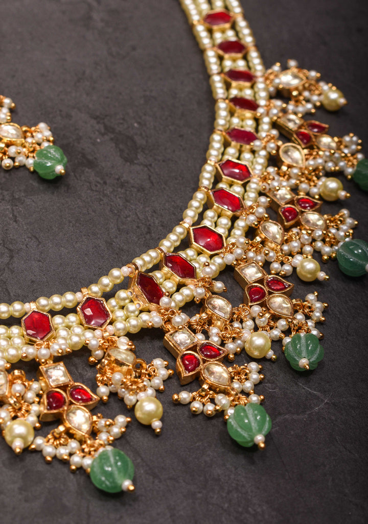 Red stone Necklale Set with dangling Beads | Shobitam Jewelry
