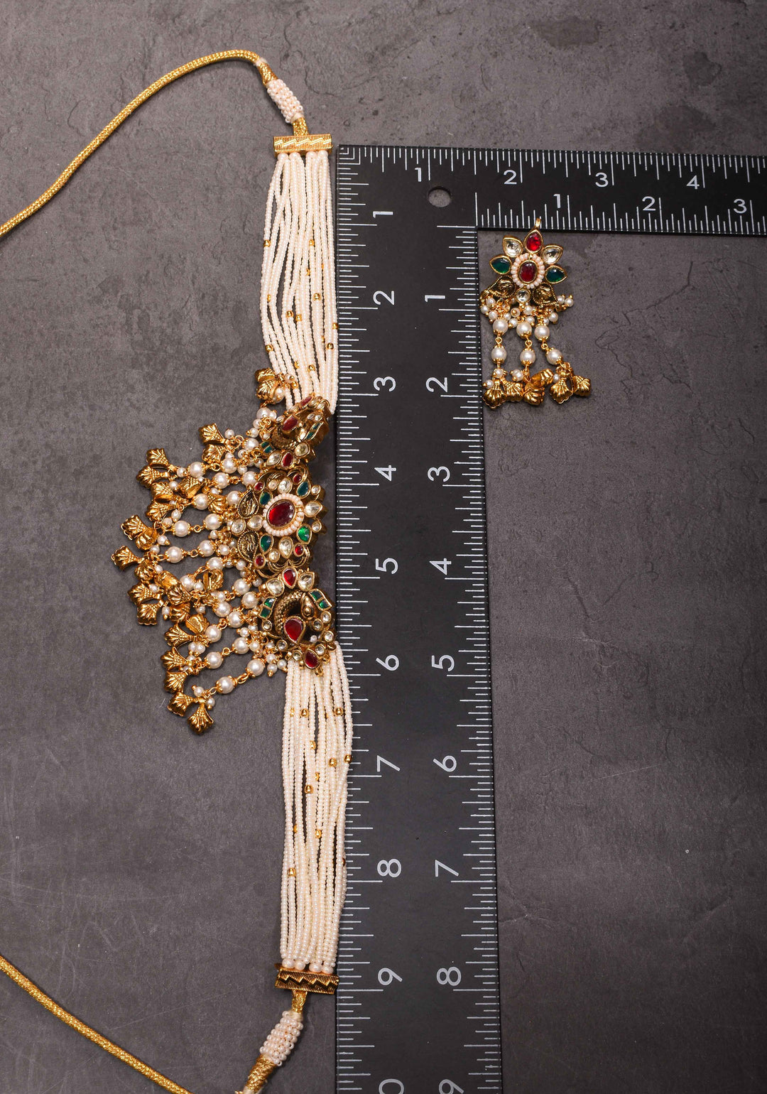 White Ahmedabadi kundan multistrand necklace set with dangling pearl | Shobitam Jewelry