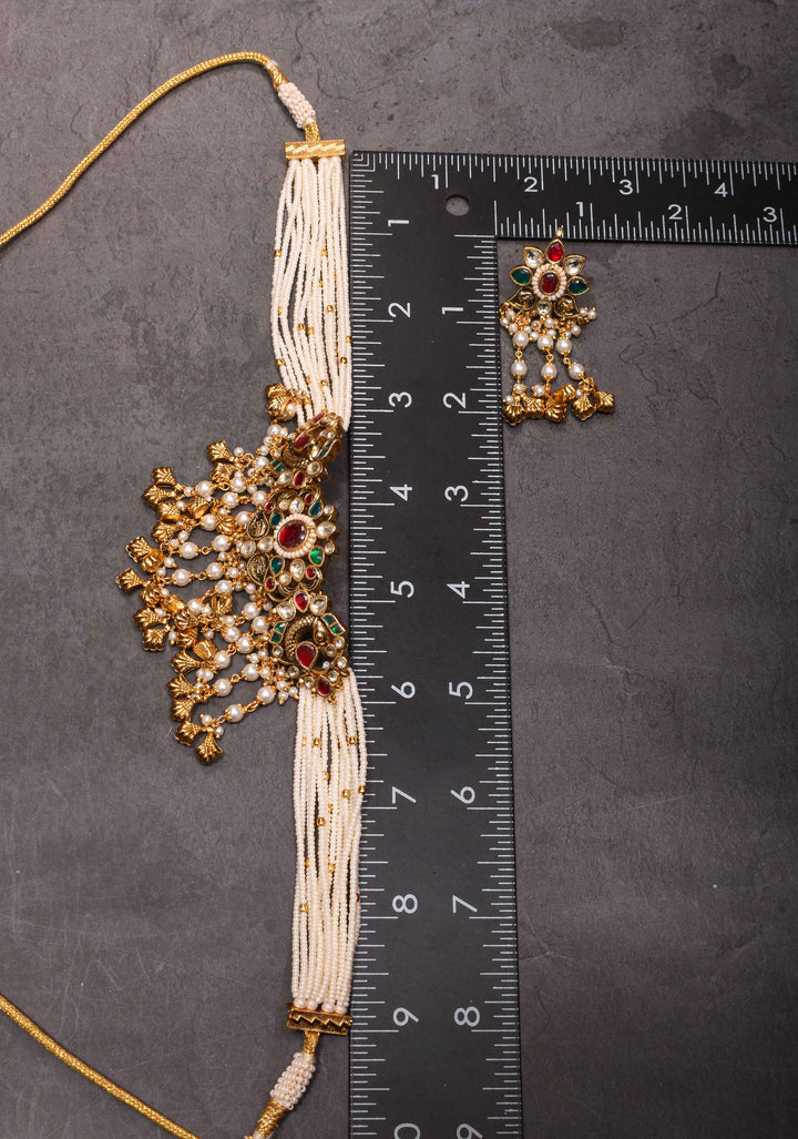 White Ahmedabadi kundan multistrand necklace set with dangling pearl | Shobitam Jewelry