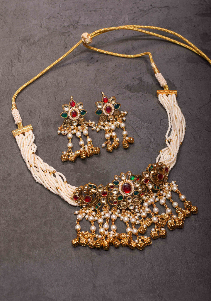 White Ahmedabadi kundan multistrand necklace set with dangling pearl | Shobitam Jewelry