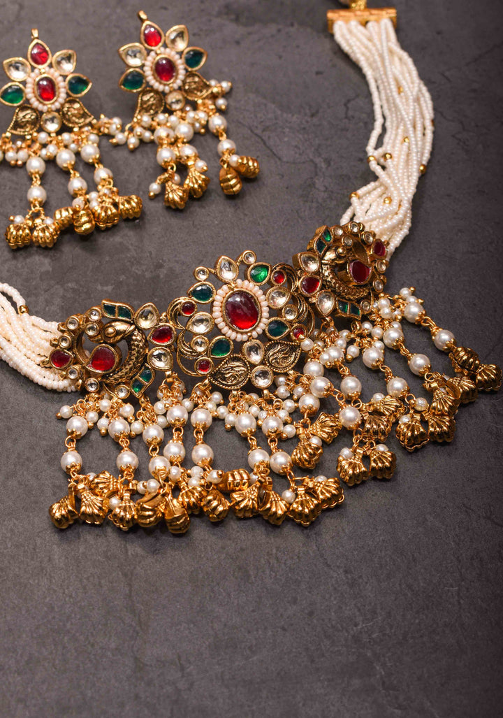 White Ahmedabadi kundan multistrand necklace set with dangling pearl | Shobitam Jewelry