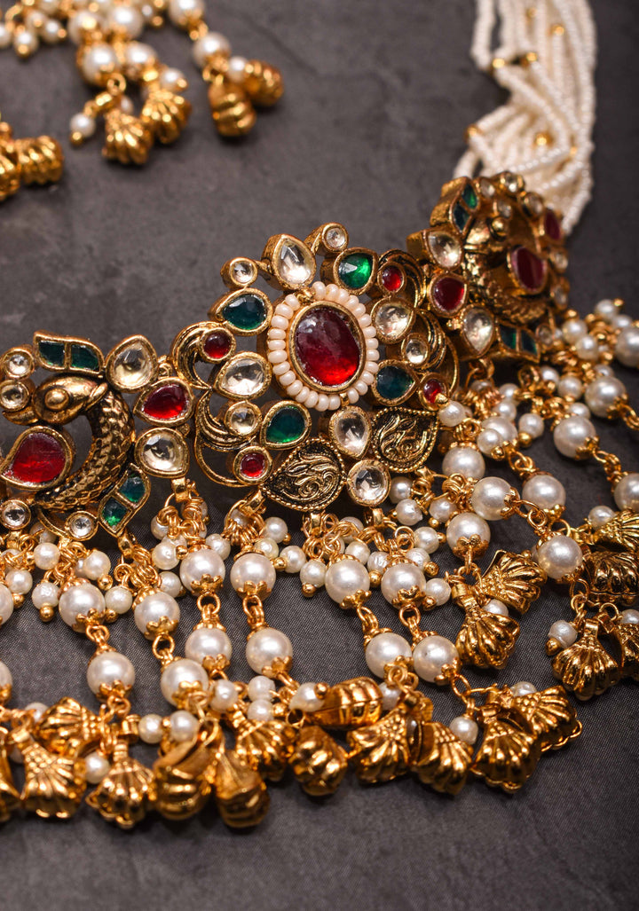 White Ahmedabadi kundan multistrand necklace set with dangling pearl | Shobitam Jewelry
