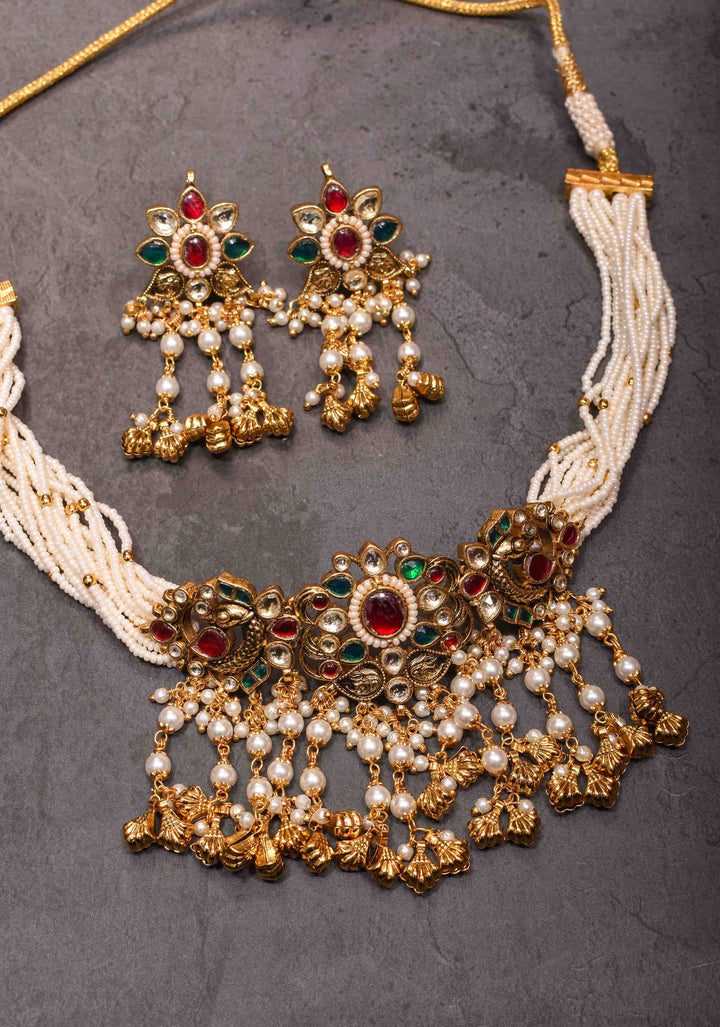 White Ahmedabadi kundan multistrand necklace set with dangling pearl | Shobitam Jewelry