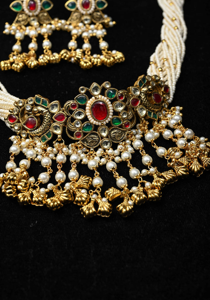 Layered Pearl Choker Set with Kundan and Gemstone Pendant