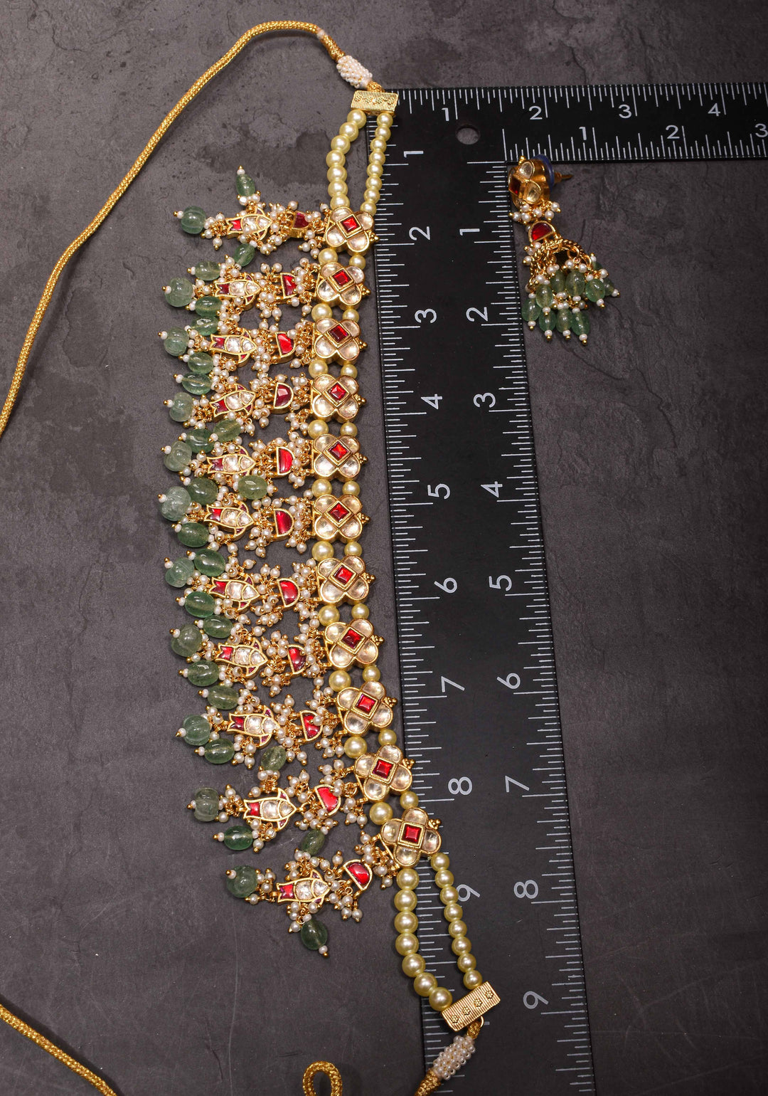 Jadau Choker Set with White and Red Stones and Green Dangling Beads | Shobitam Jewelry