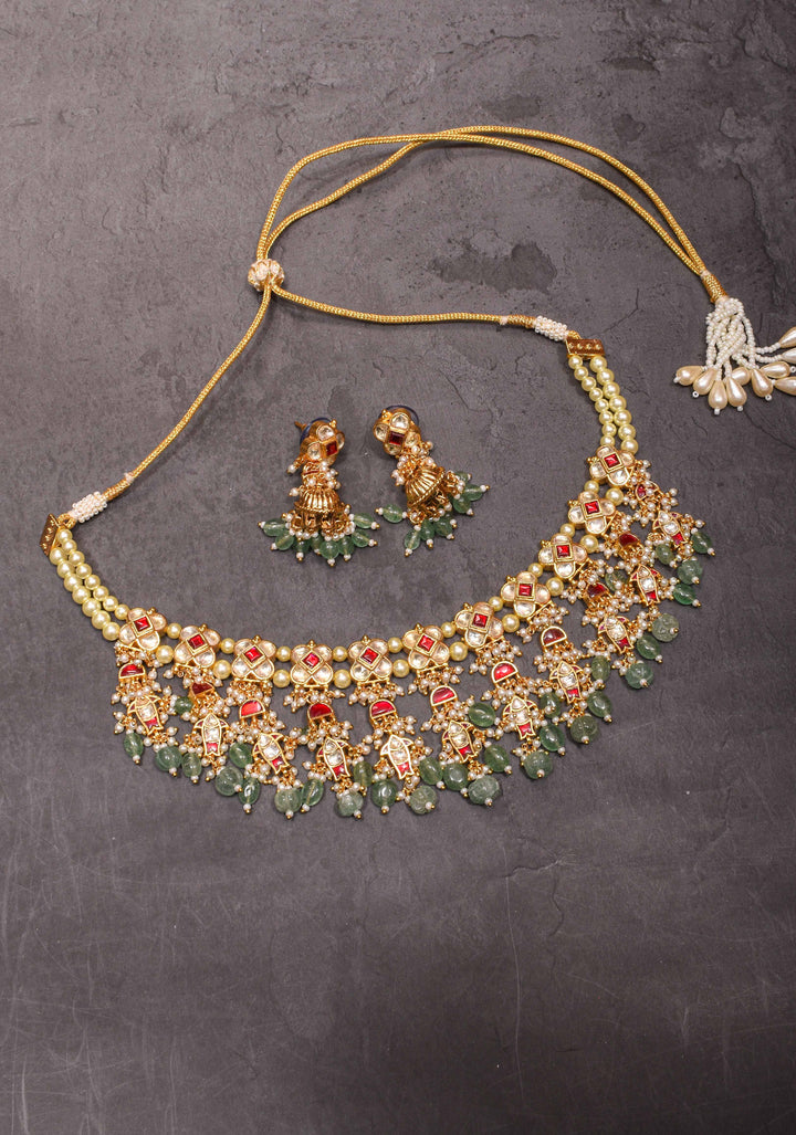 Jadau Choker Set with White and Red Stones and Green Dangling Beads | Shobitam Jewelry