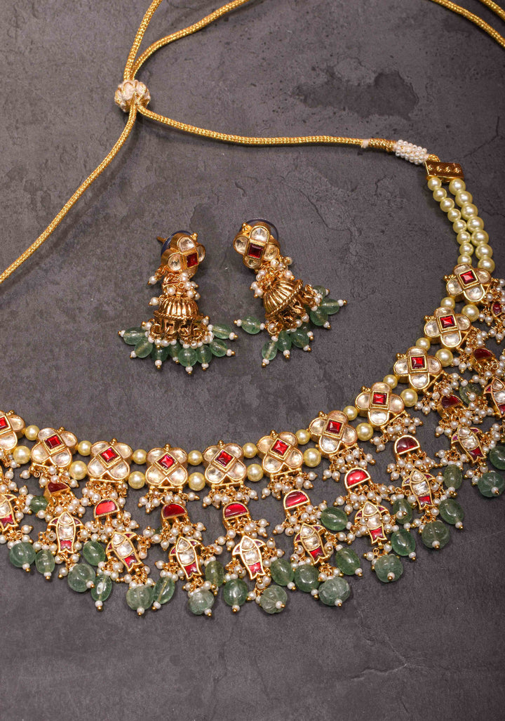 Jadau Choker Set with White and Red Stones and Green Dangling Beads | Shobitam Jewelry