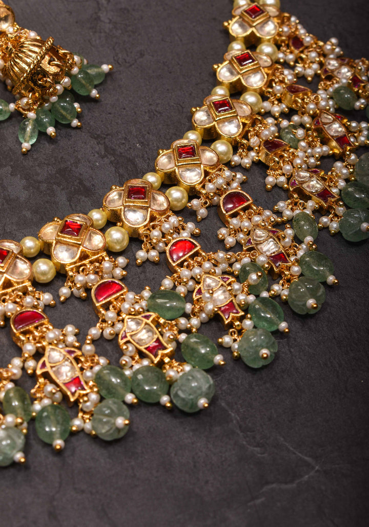 Jadau Choker Set with White and Red Stones and Green Dangling Beads | Shobitam Jewelry