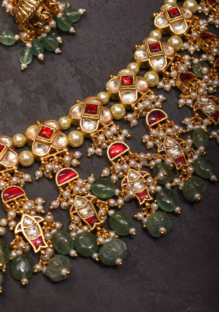 Jadau Choker Set with White and Red Stones and Green Dangling Beads | Shobitam Jewelry