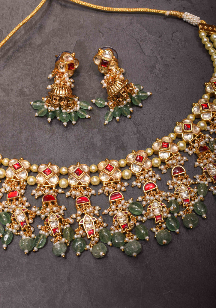 Jadau Choker Set with White and Red Stones and Green Dangling Beads | Shobitam Jewelry
