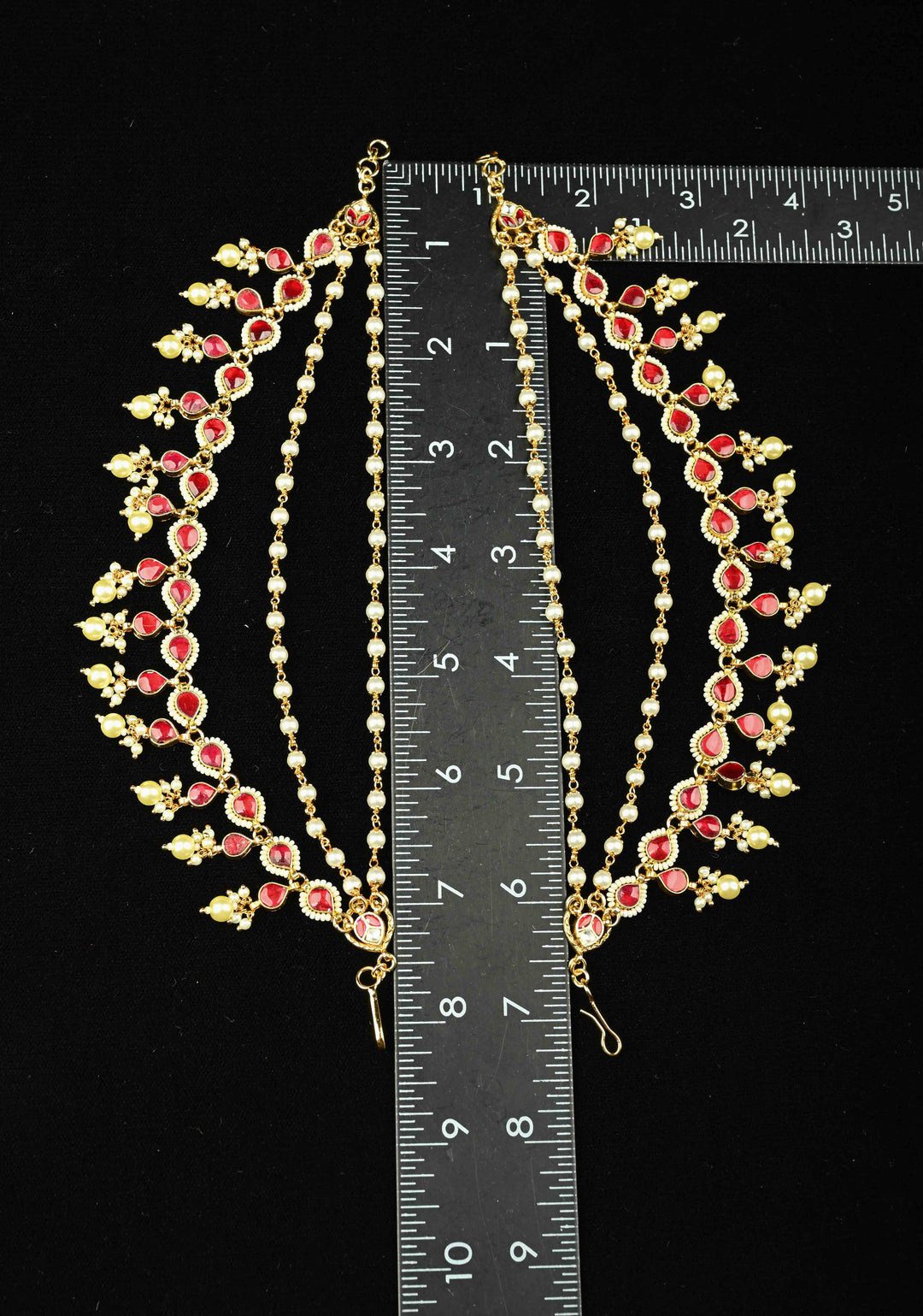 Contemporary 3 Layered Pearl Ear Chain  with Red stone | SHOBITAM
