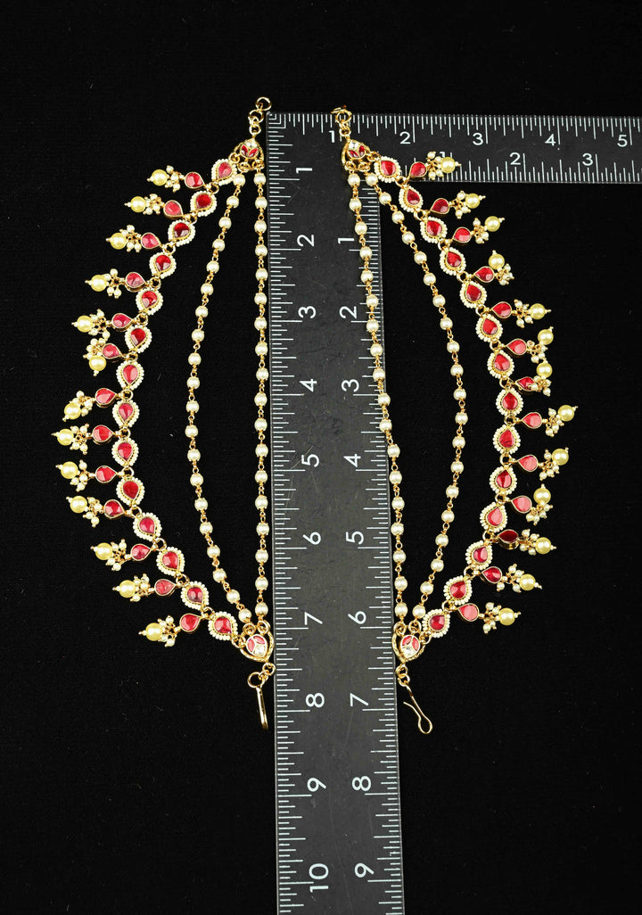 Contemporary 3 Layered Pearl Ear Chain  with Red stone | SHOBITAM